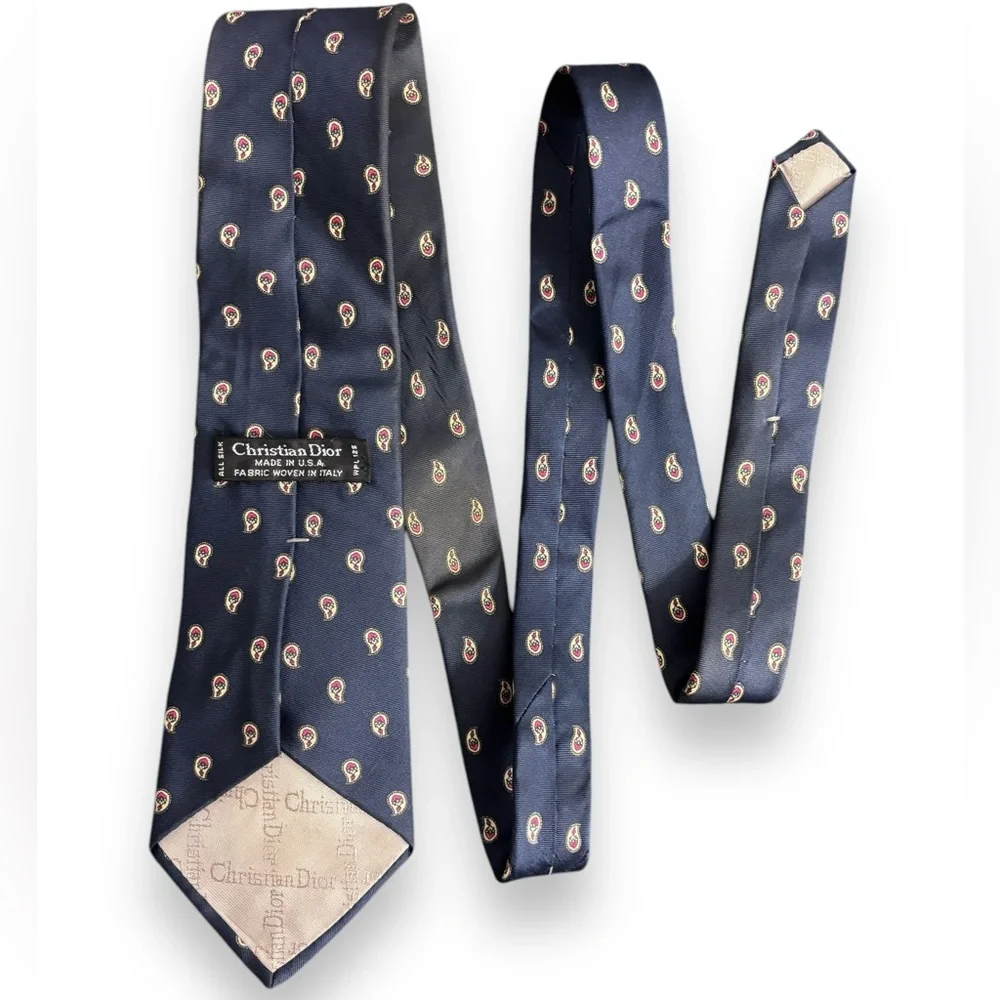 CHRISTIAN DIOR 100% Silk Tie Navy with Yellow & Red Paisley